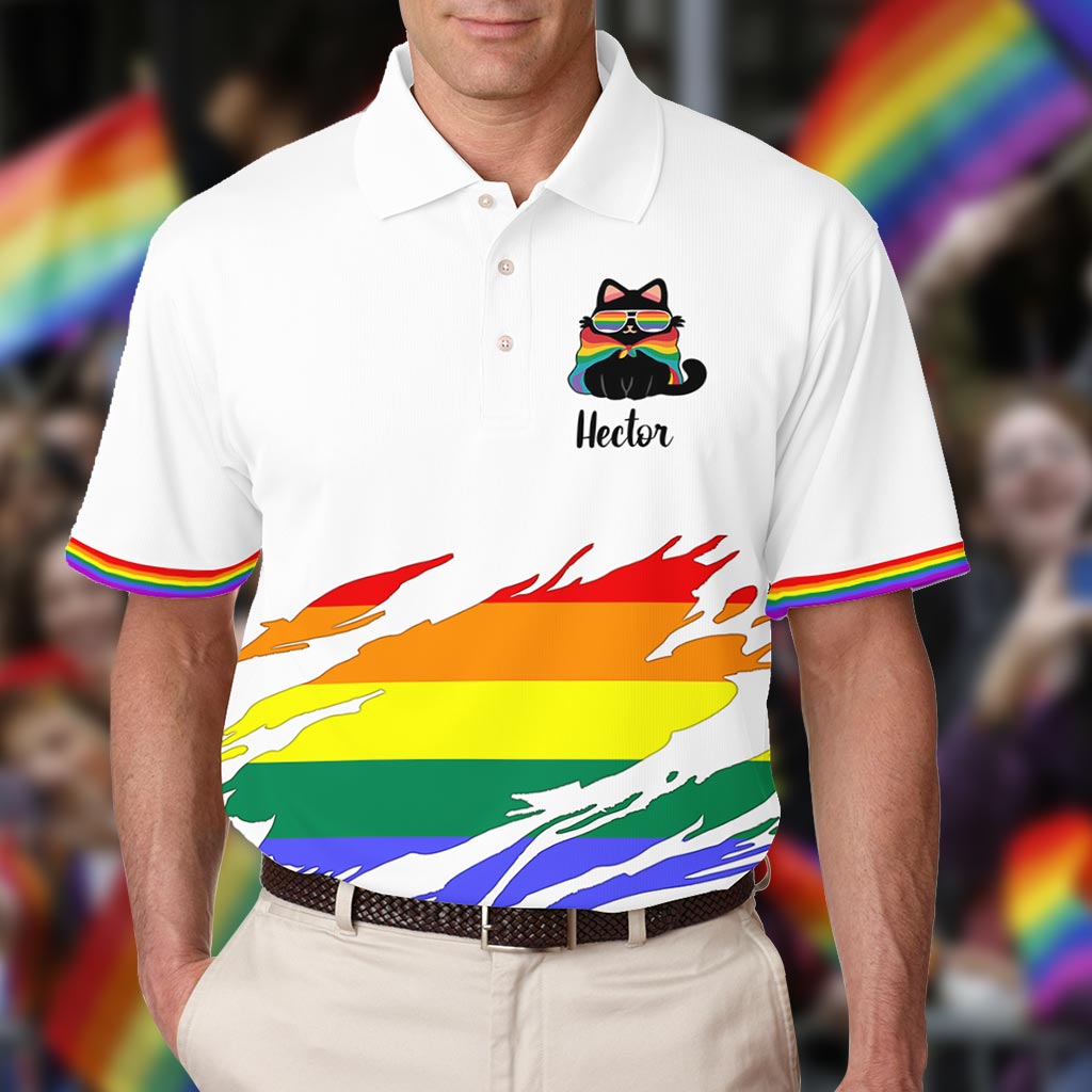 Pride Cat Shirt, Retro Rainbow Colors - Personalized LGBT Support Polo Shirt