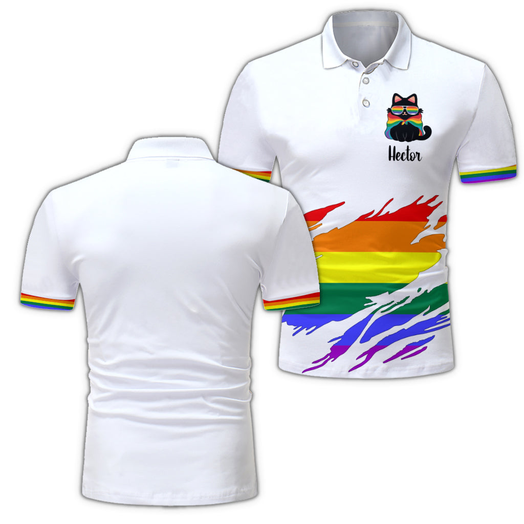 Pride Cat Shirt, Retro Rainbow Colors - Personalized LGBT Support Polo Shirt