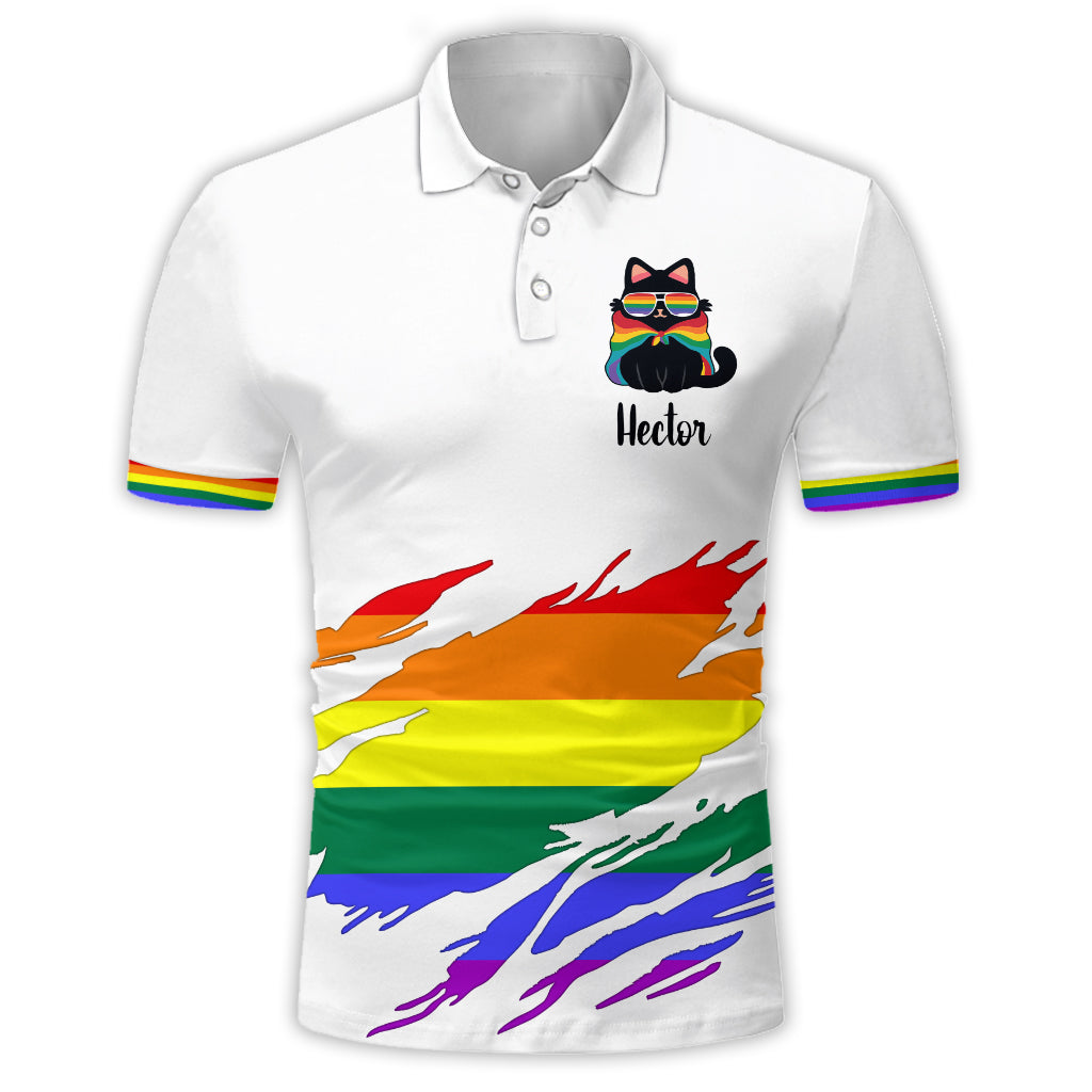 Pride Cat Shirt, Retro Rainbow Colors - Personalized LGBT Support Polo Shirt