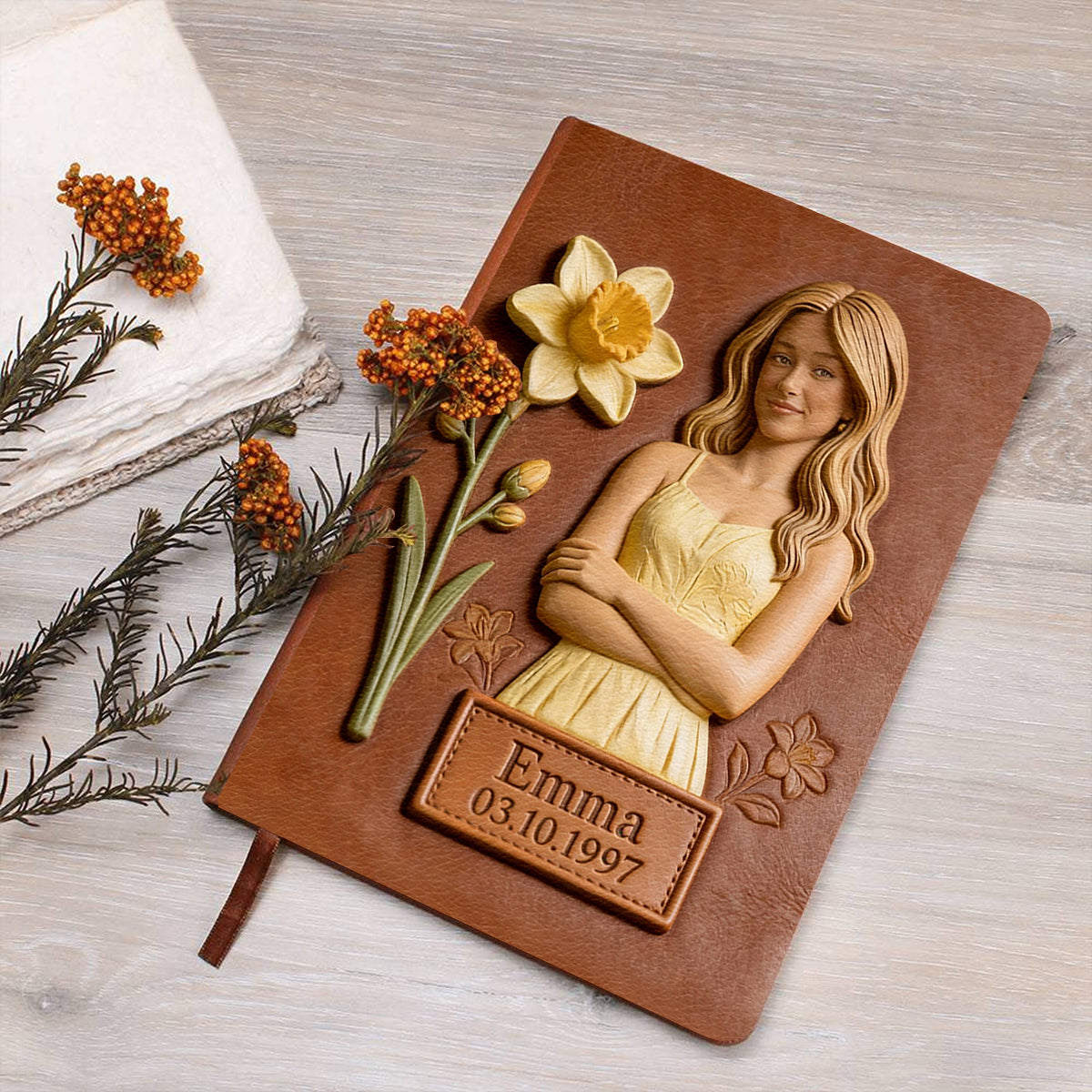 Custom Any Photo Birthmonth Flower - Personalized Self Love Leather Journal