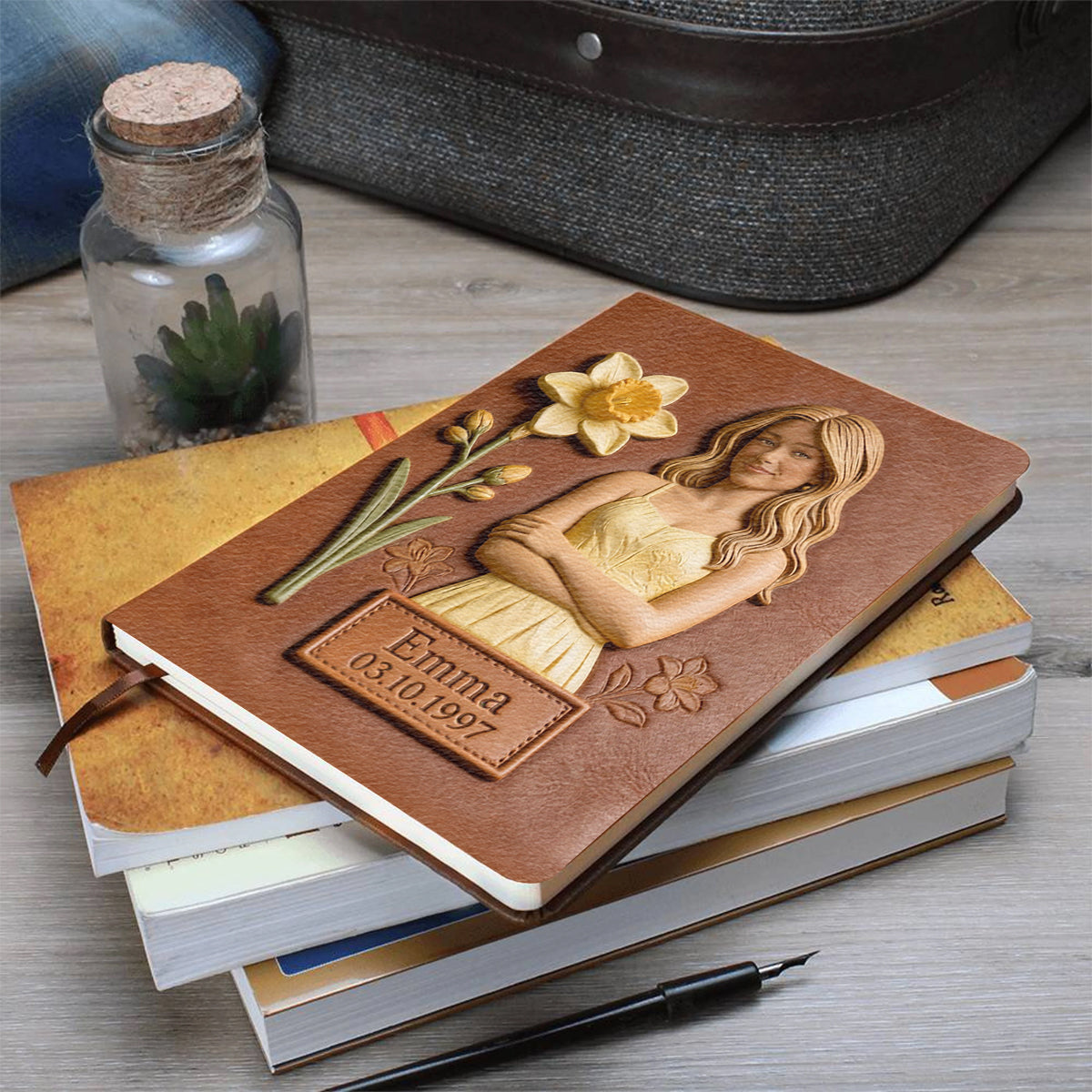 Custom Any Photo Birthmonth Flower - Personalized Self Love Leather Journal