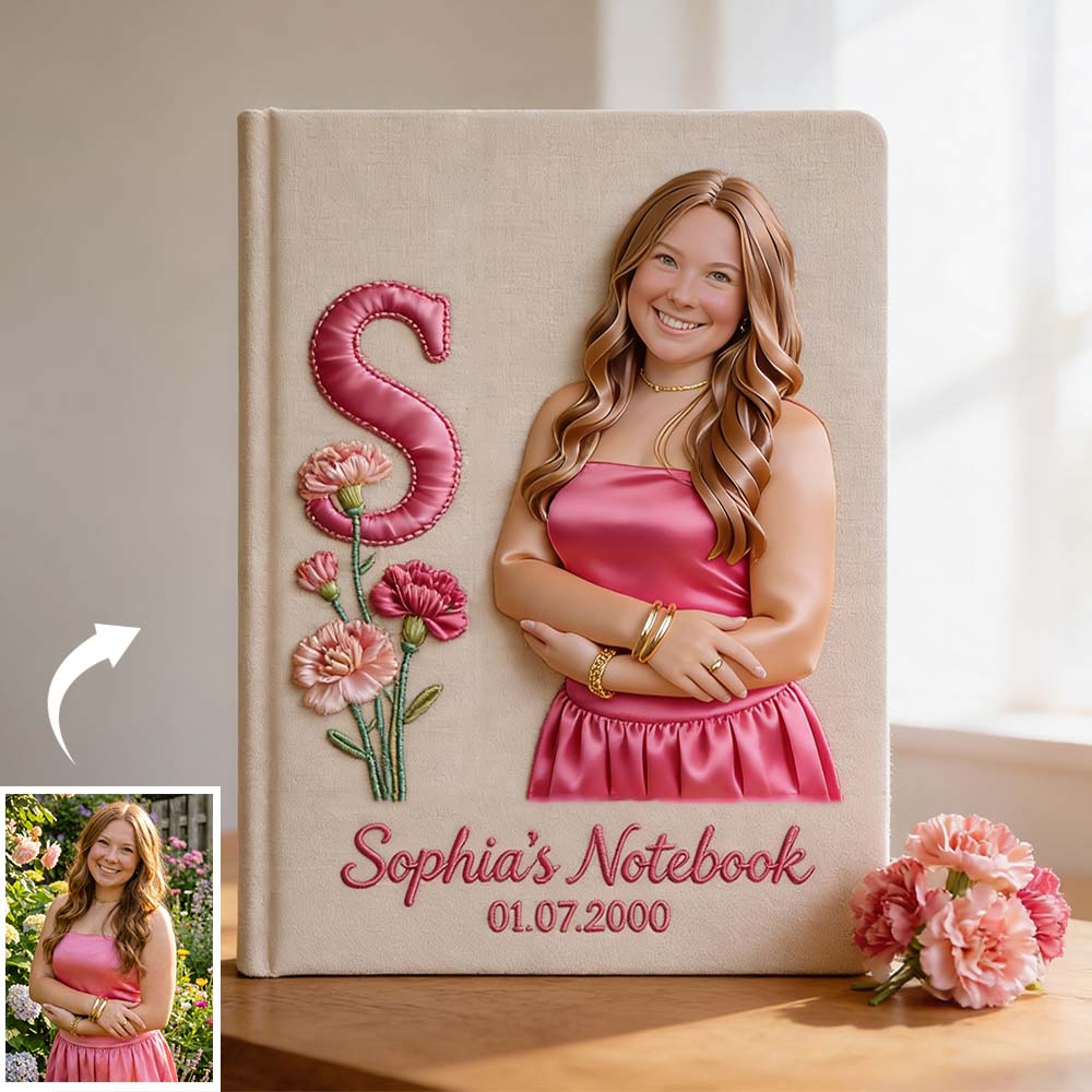 Journal en cuir personnalisé avec photo, fleur de naissance et initiale - Carnet de notes sur l'amour de soi