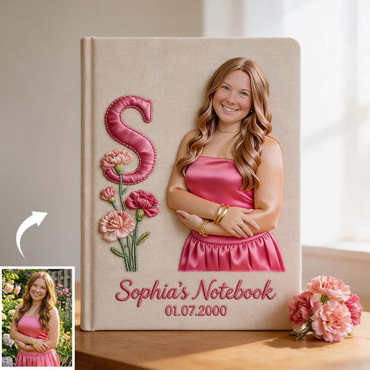 Journal en cuir personnalisé avec photo, fleur de naissance et initiale - Carnet de notes sur l'amour de soi