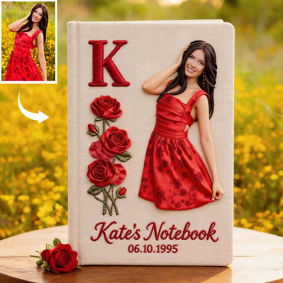 Journal en cuir personnalisé avec photo, fleur de naissance et initiale - Carnet de notes sur l'amour de soi