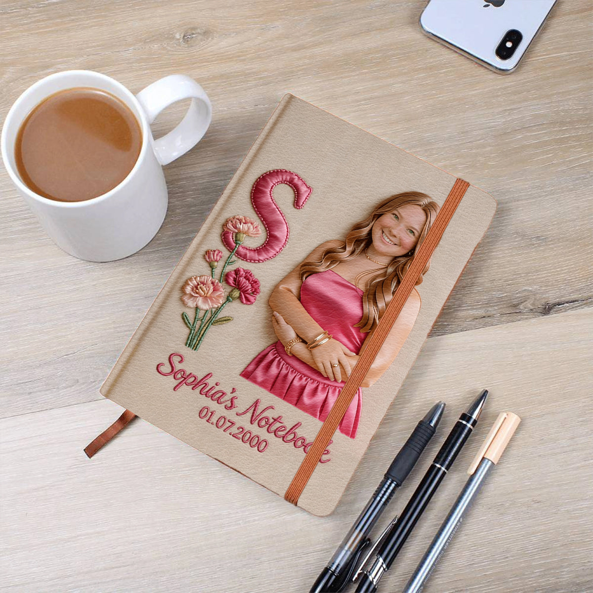 Journal en cuir personnalisé avec photo, fleur de naissance et initiale - Carnet de notes sur l'amour de soi