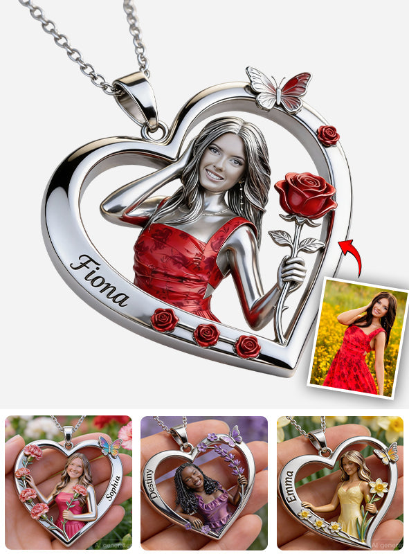 Custom Any Photo Birthmonth Flower - Personalized Self Love Shaped Metal Pendant Necklace
