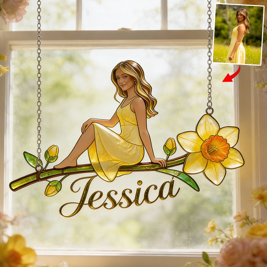Custom Any Photo Birth Flower - Personalized Self Love Window Hanging Suncatcher Ornament