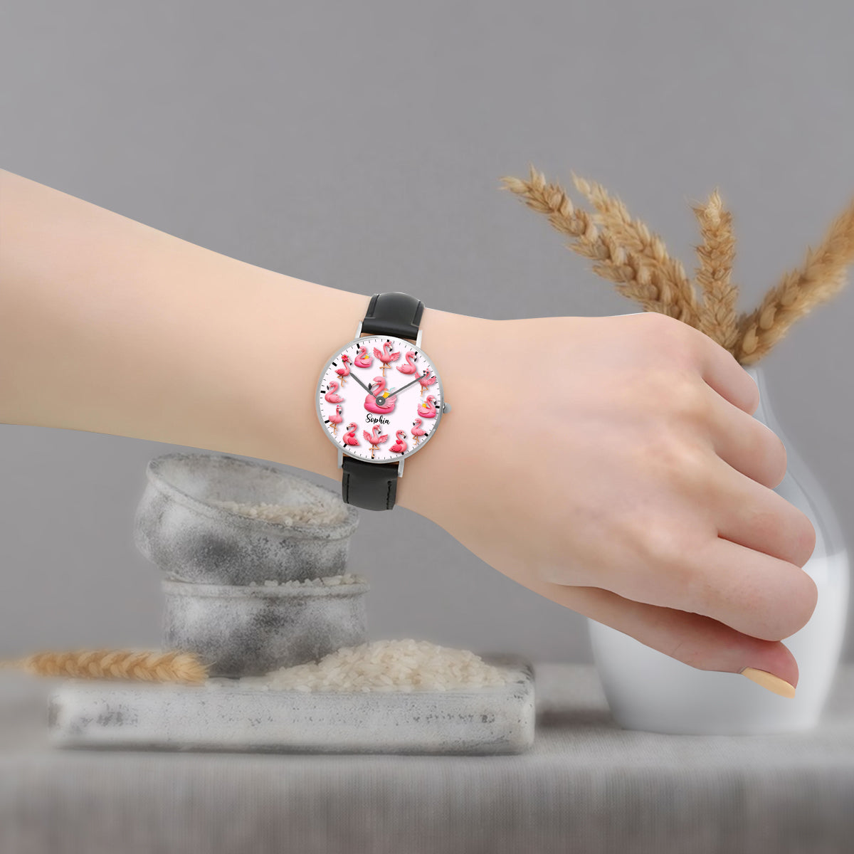 Montre-bracelet personnalisée « J’adore les flamants roses »