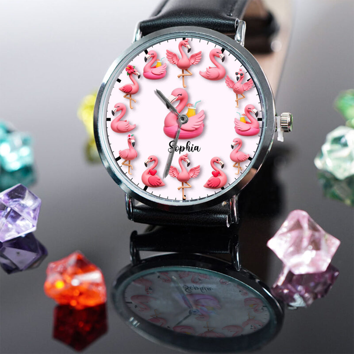 Montre-bracelet personnalisée « J’adore les flamants roses »