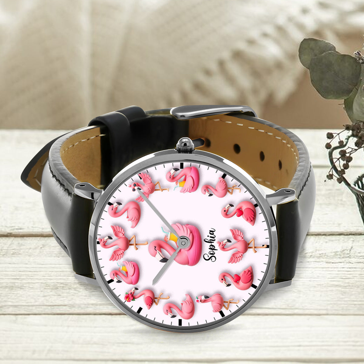 Montre-bracelet personnalisée « J’adore les flamants roses »