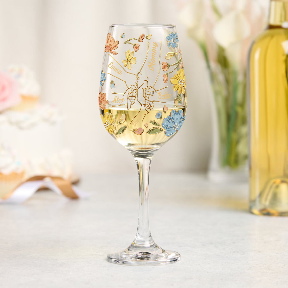 Hand In Hand, The Love Of A Mother And Her Kids - Personalized Mother Wine Glass With Long Stem