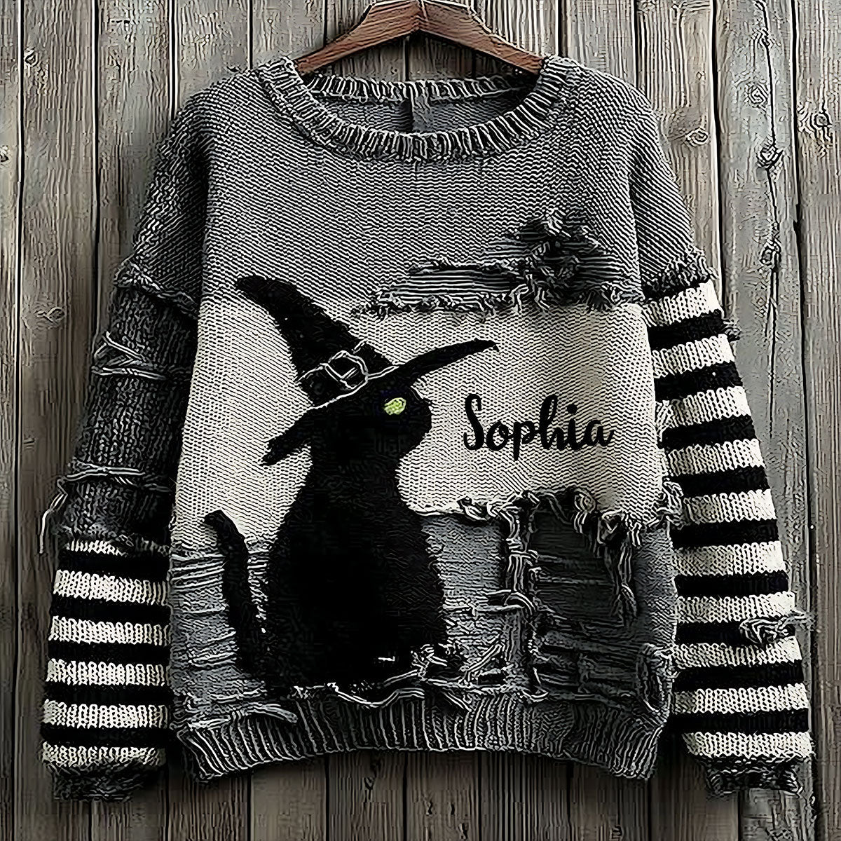 Chat noir avec chapeau de sorcière - Pull moche de sorcière personnalisé