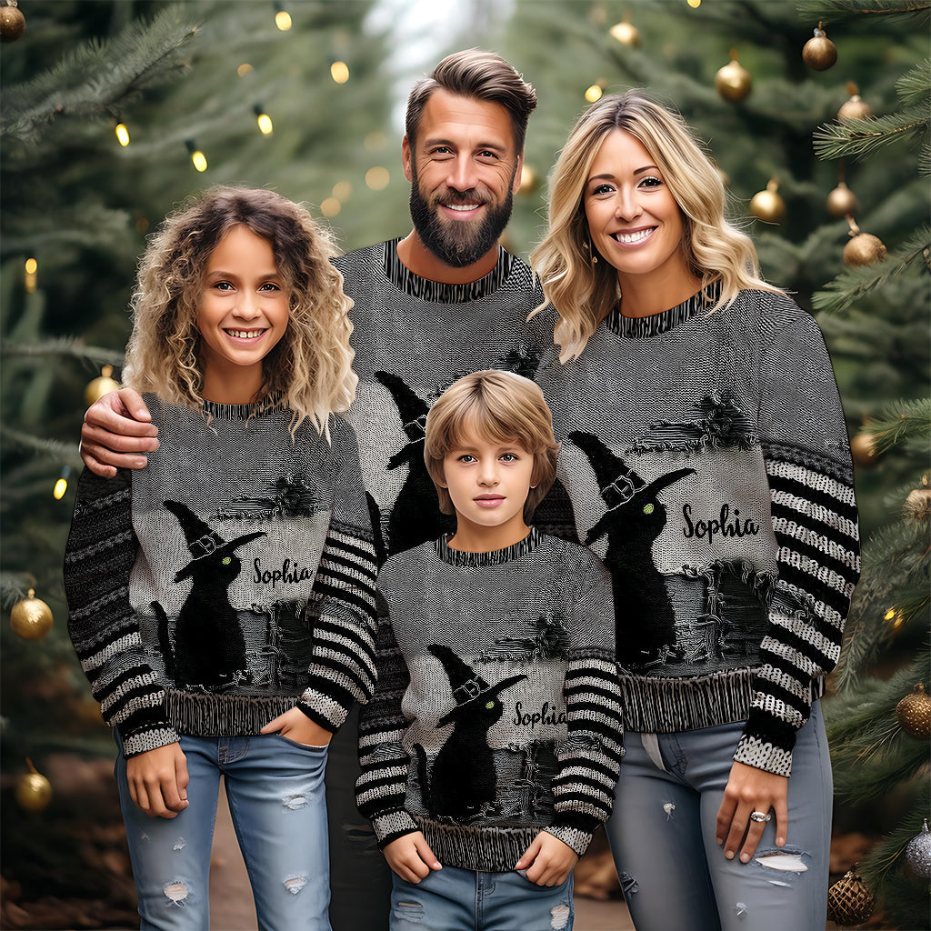 Chat noir avec chapeau de sorcière - Pull moche de sorcière personnalisé