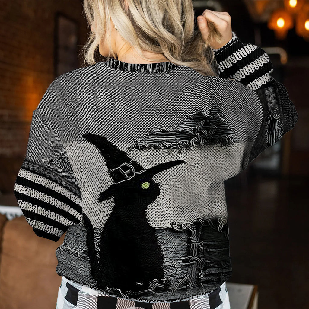 Chat noir avec chapeau de sorcière - Pull moche de sorcière personnalisé