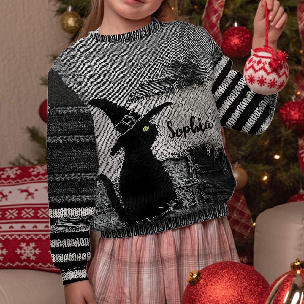 Chat noir avec chapeau de sorcière - Pull moche de sorcière personnalisé