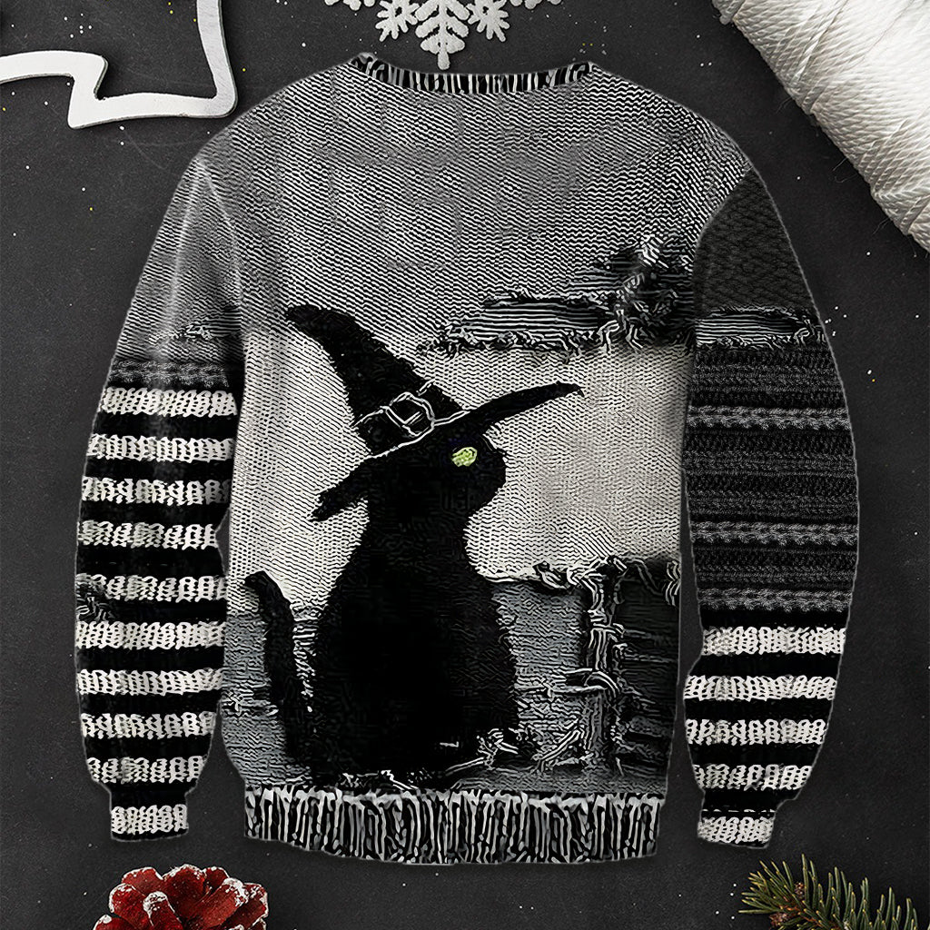 Chat noir avec chapeau de sorcière - Pull moche de sorcière personnalisé