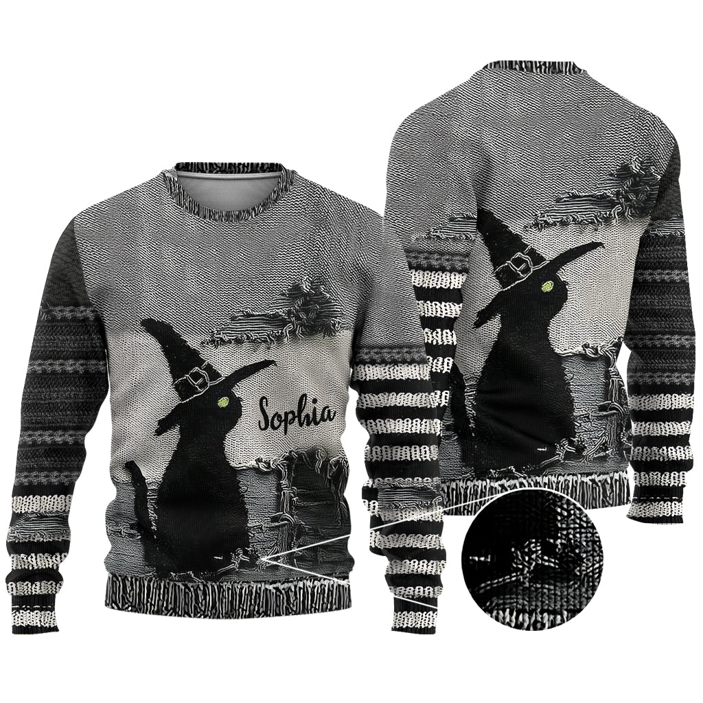 Chat noir avec chapeau de sorcière - Pull moche de sorcière personnalisé