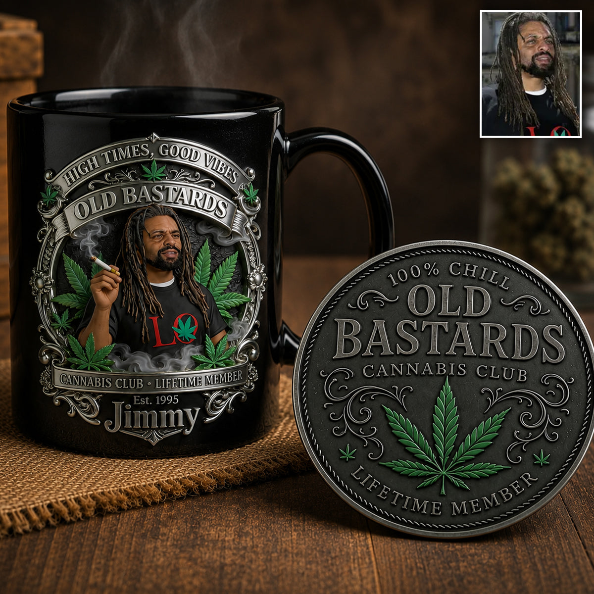 Membre à Vie du Old Bastards Cannabis Club - Tasse Personnalisée avec Sous-Verre