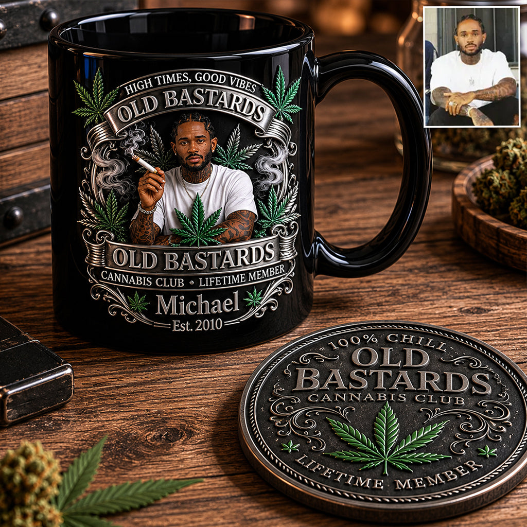 Membre à Vie du Old Bastards Cannabis Club - Tasse Personnalisée avec Sous-Verre