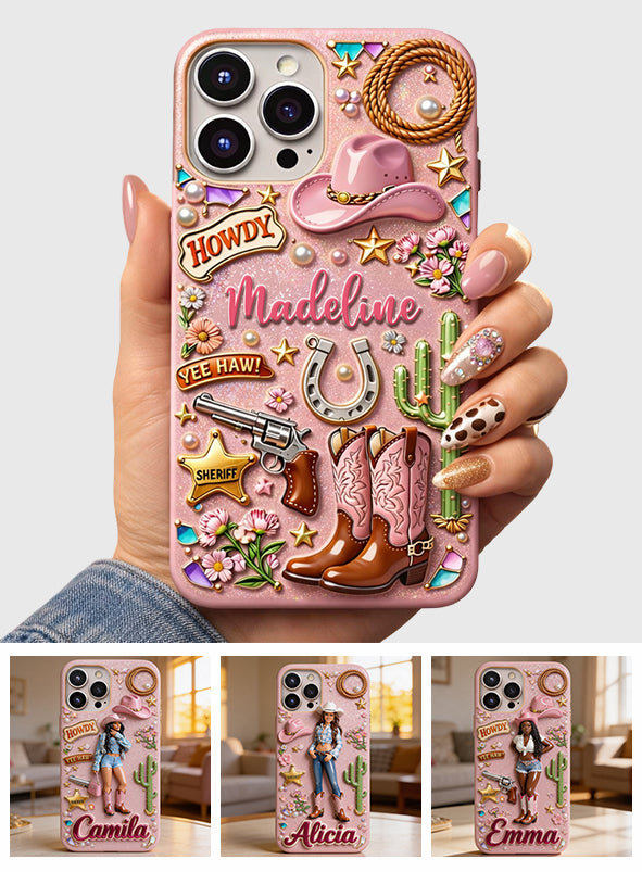 Cowgirl Gift, Whimsical Wild West Western - Personalized Cowgirl 3D Embossed Leather Phone Case