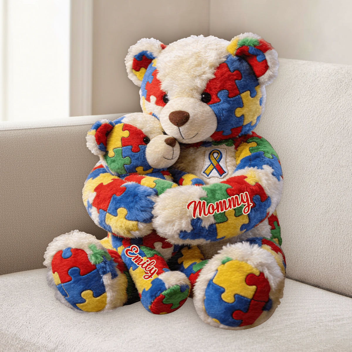 Maman et enfant - Coussin en fausse fourrure premium personnalisé pour la sensibilisation à l'autisme