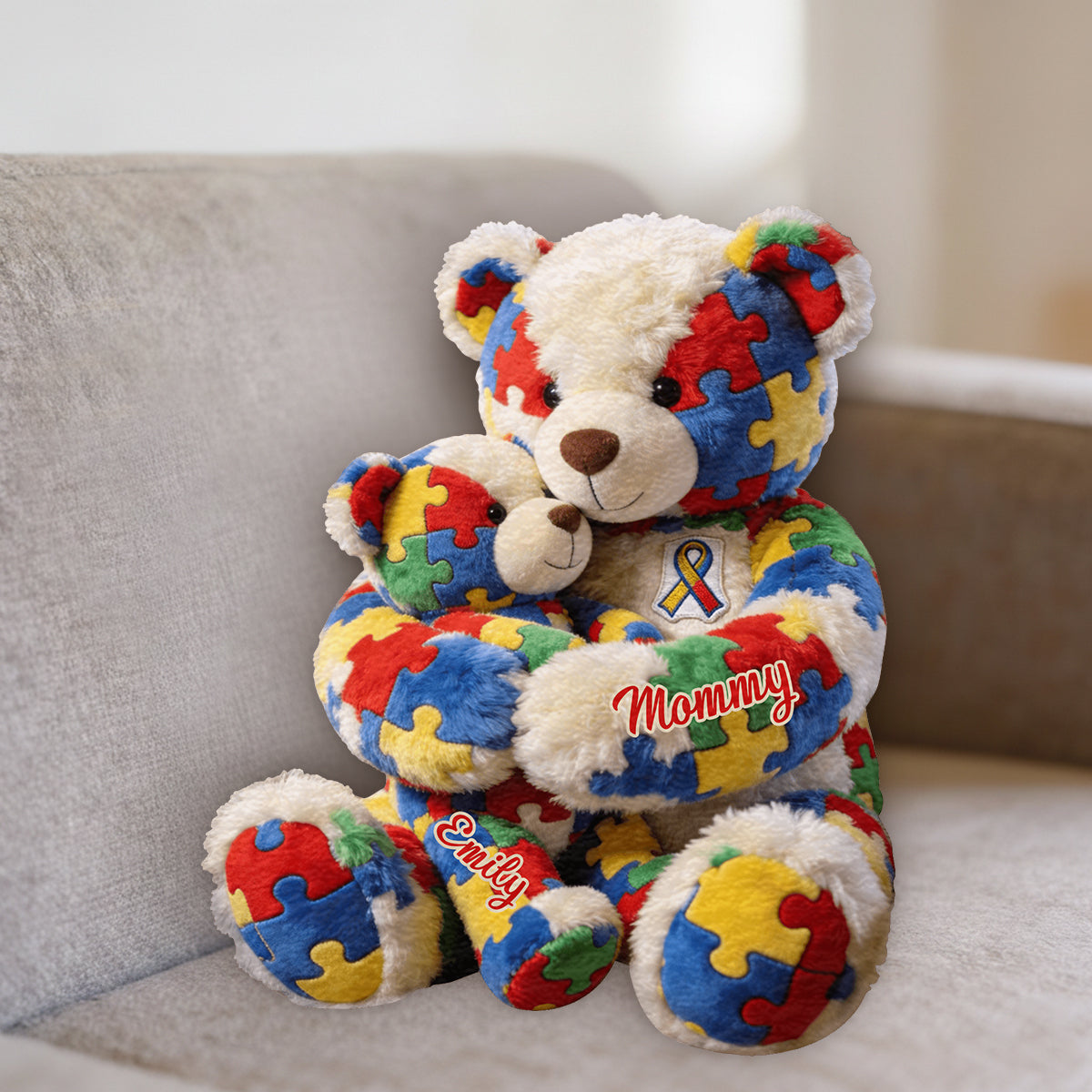 Maman et enfant - Coussin en fausse fourrure premium personnalisé pour la sensibilisation à l'autisme