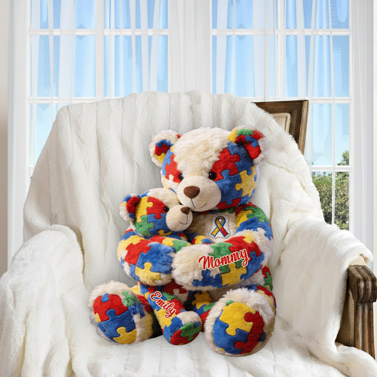 Maman et enfant - Coussin en fausse fourrure premium personnalisé pour la sensibilisation à l'autisme