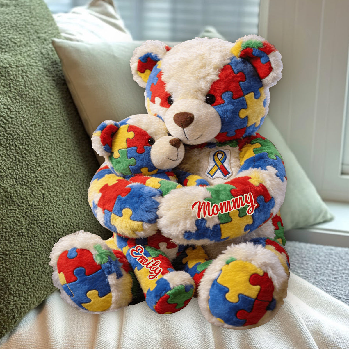 Maman et enfant - Coussin en fausse fourrure premium personnalisé pour la sensibilisation à l'autisme