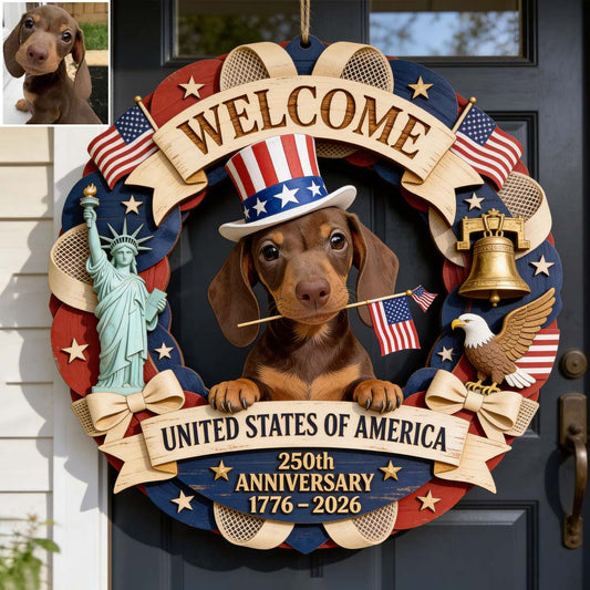 Célébration des 250 ans des États-Unis - Panneau en bois personnalisé en forme de chien