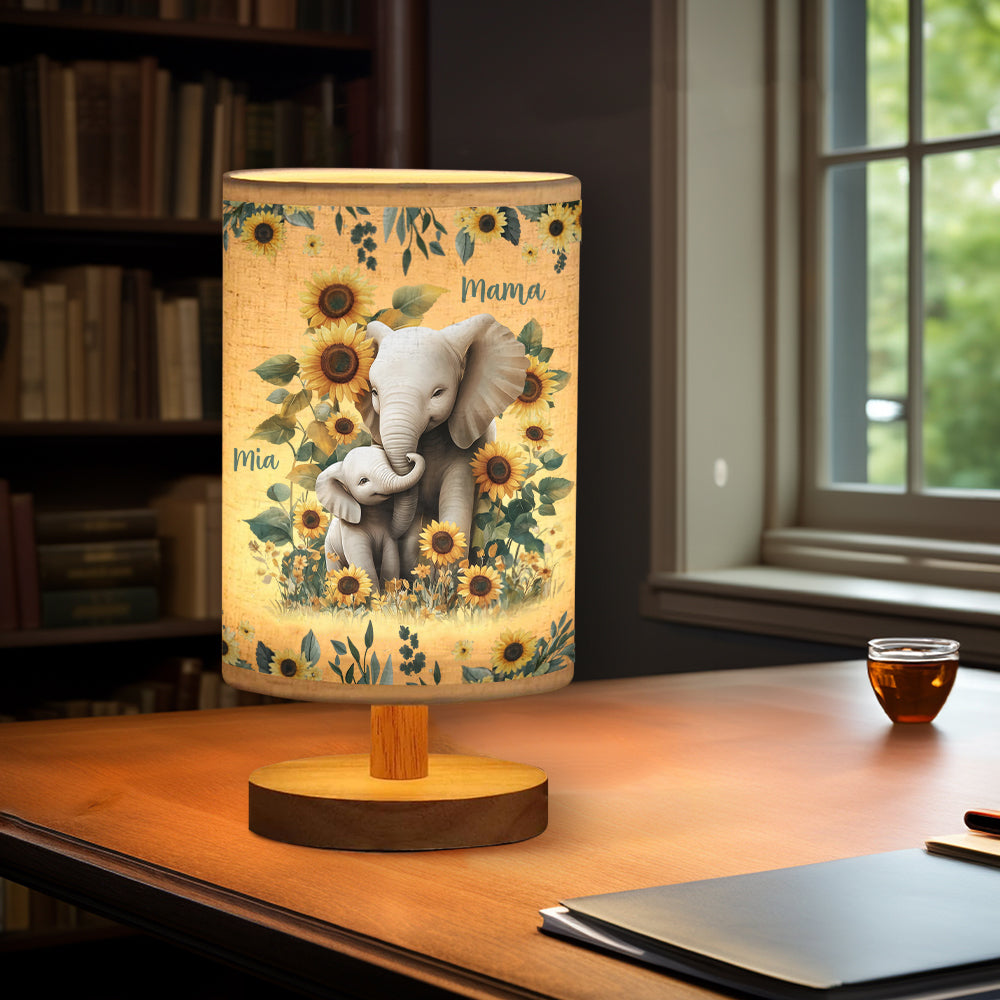 Sunflower Elephant Mom - Personalized Mother Tableside Lamp With Wood Base