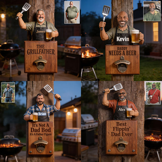 Grill & Brew - Ouvre-bouteille mural personnalisé pour papa