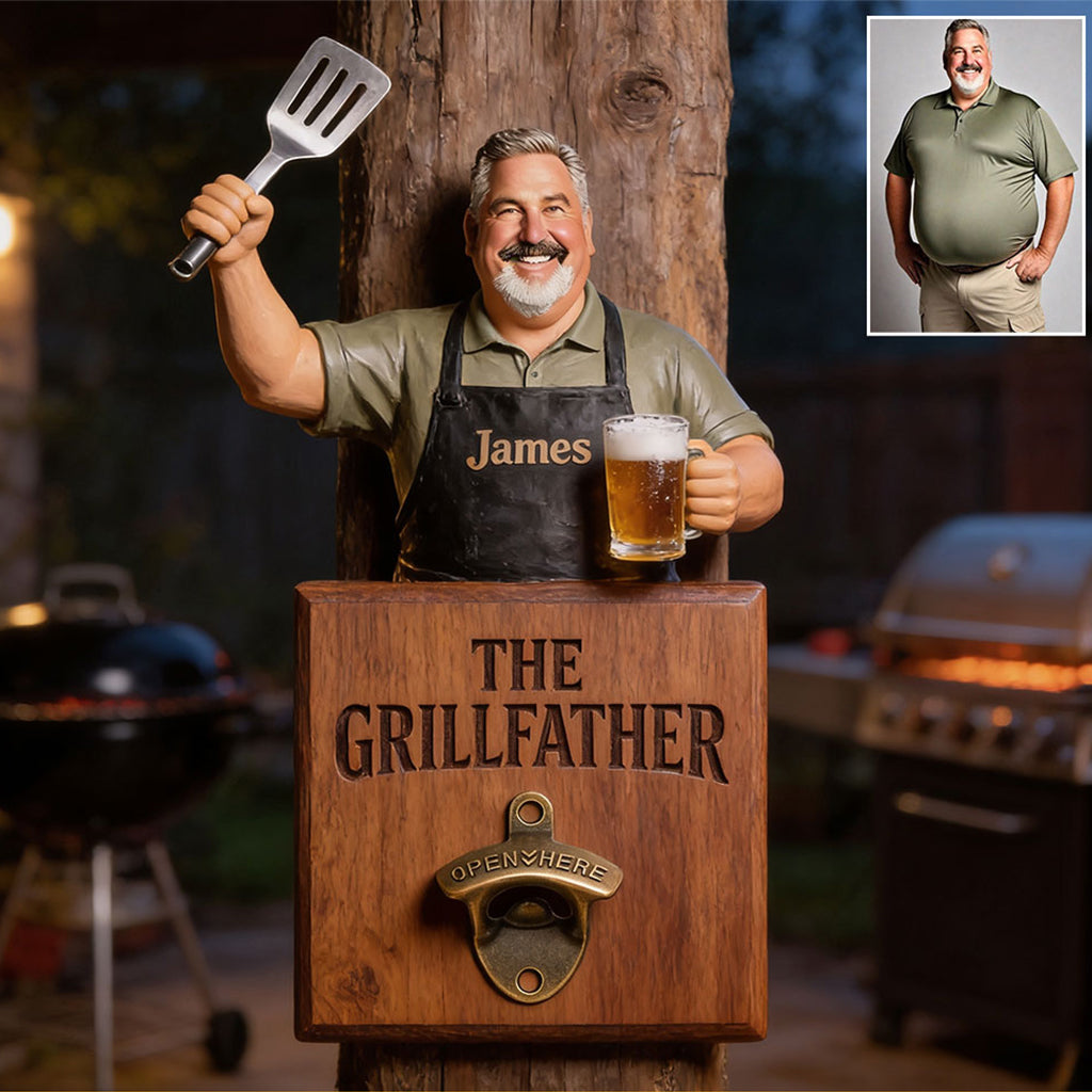 Grill & Brew - Ouvre-bouteille mural personnalisé pour papa