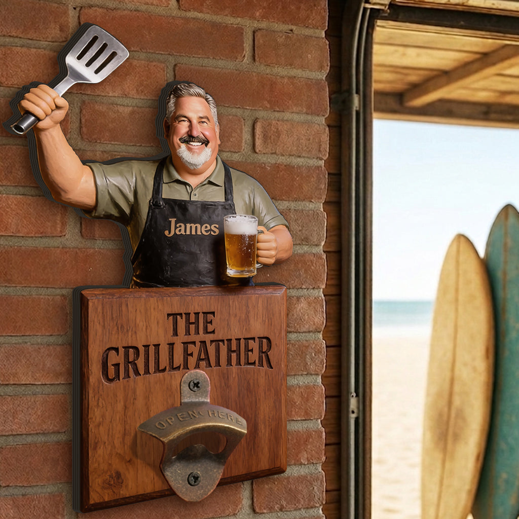 Grill & Brew - Ouvre-bouteille mural personnalisé pour papa