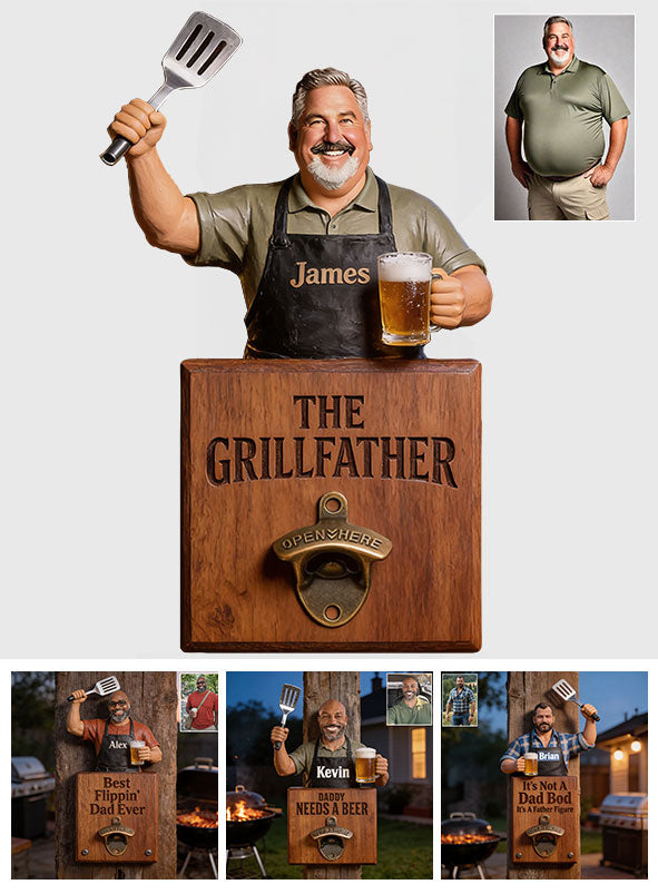 Grill & Brew - Ouvre-bouteille mural personnalisé pour papa