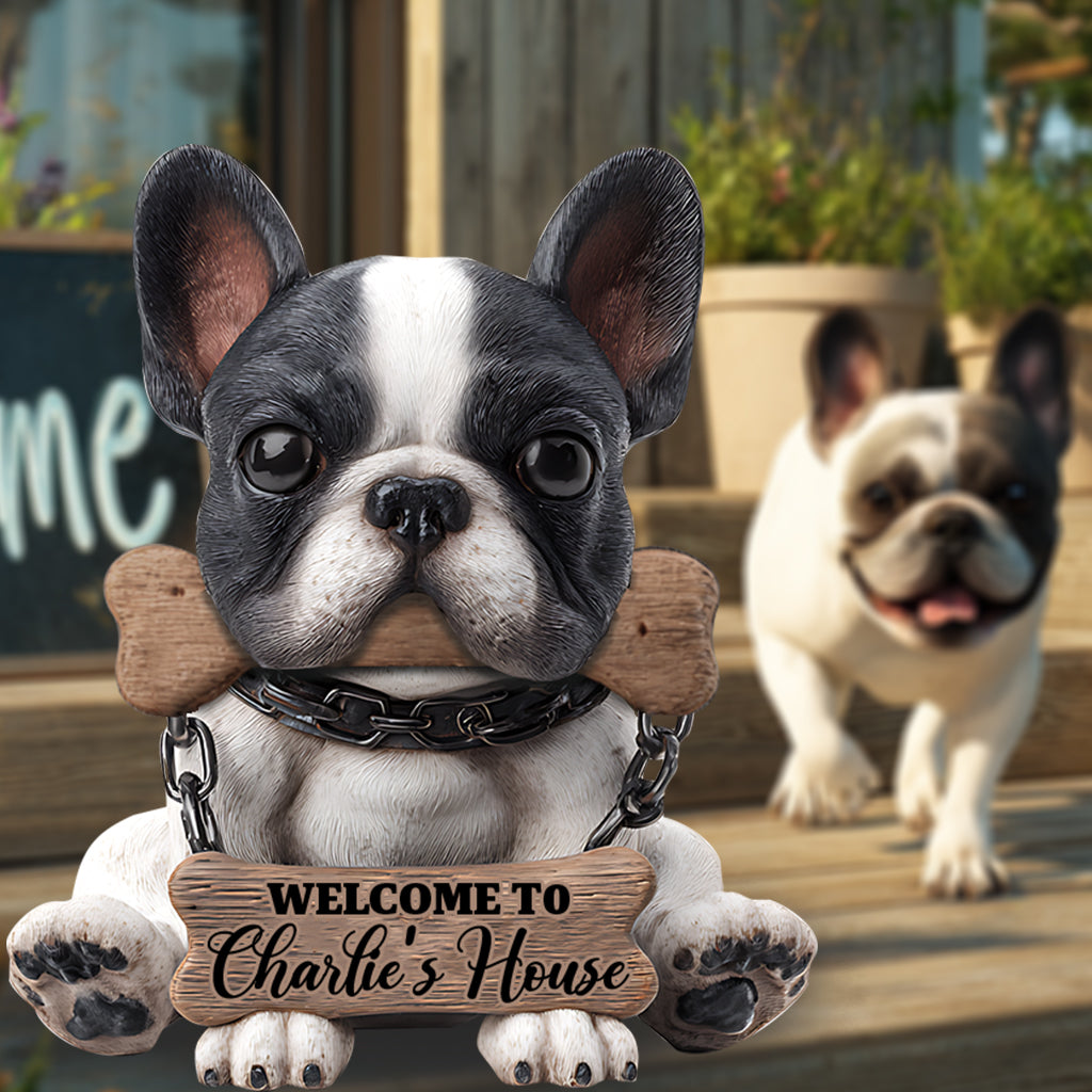 Bienvenue chez moi - Panneau de jardin personnalisé en acrylique avec un bouledogue français