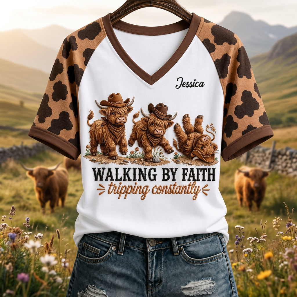 Walking By Faith Tripping Constantly - Personalized Highland Cow Fully Printed V-Neck T-Shirt