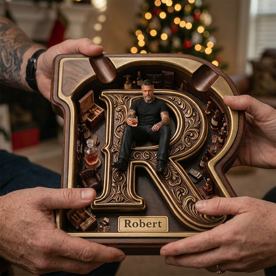 Any Photo Monogram Ashtray - Personalized Real Men Wood Tray