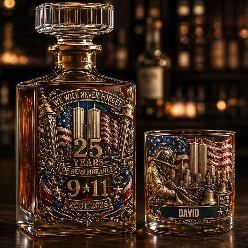 25 Years We Will Never Forget - Personalized Patriot Whiskey Decanter Set