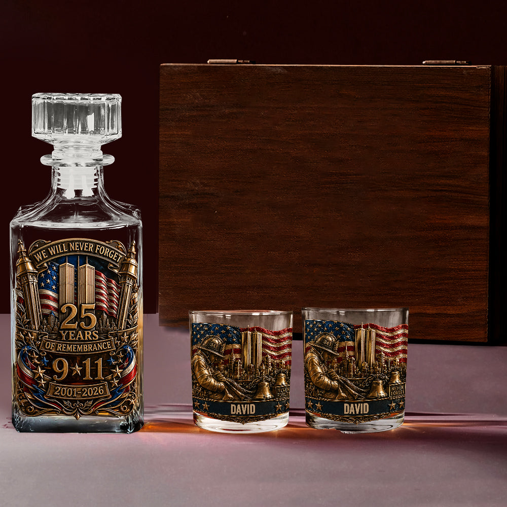 25 Years We Will Never Forget - Personalized Patriot Whiskey Decanter Set