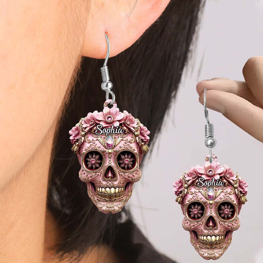 Magnifiques boucles d'oreilles transparentes personnalisées en forme de crâne rose - Boucles d'oreilles crâne personnalisées