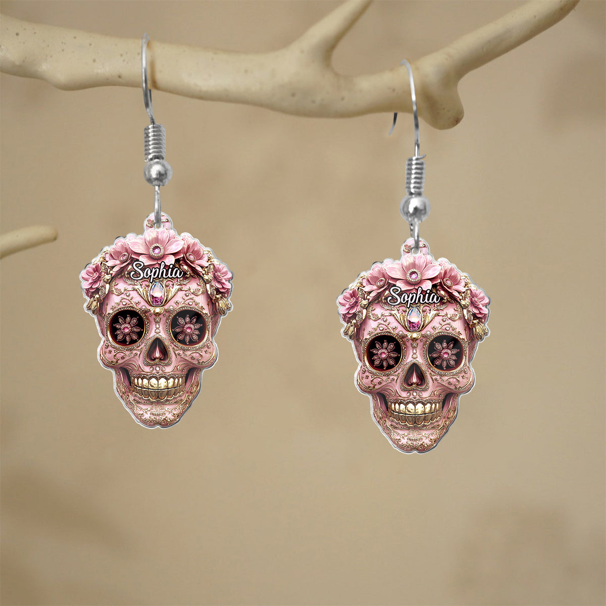 Beautiful Pink Skull - Personalized Skull Transparent Earrings
