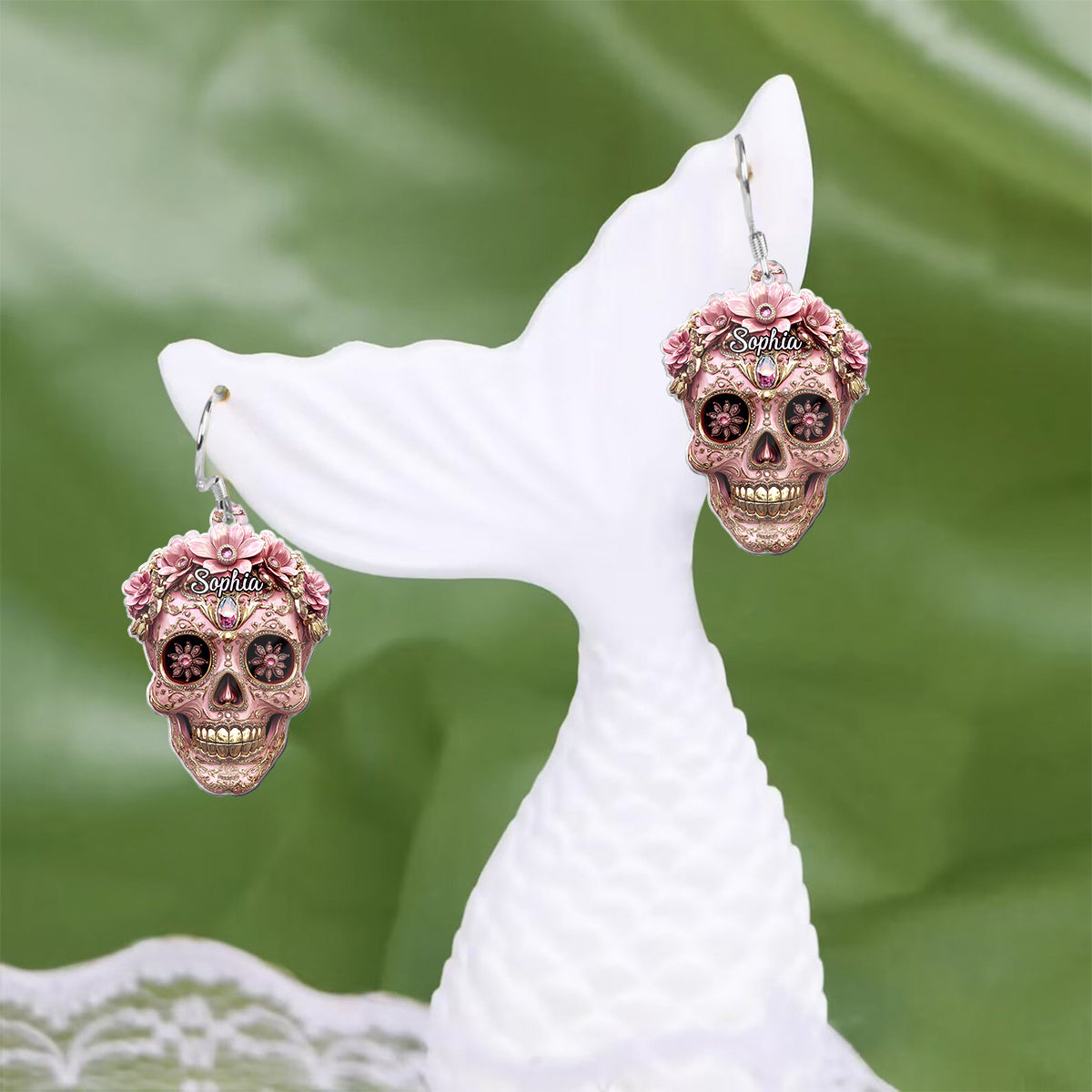 Beautiful Pink Skull - Personalized Skull Transparent Earrings