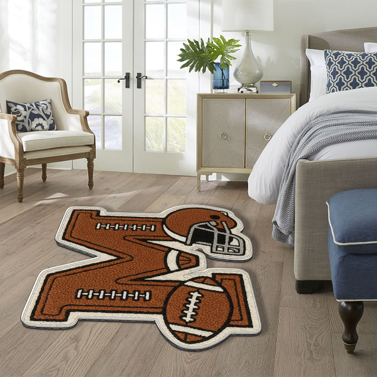 Tapis de sol personnalisé avec initiales de footballeur et motif football antidérapant.