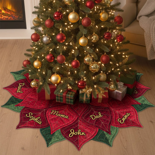 Jupe de sapin personnalisée avec poinsettia et nom pour une grande famille, Joyeux Noël 2025 - Jupe de sapin personnalisée en forme de famille