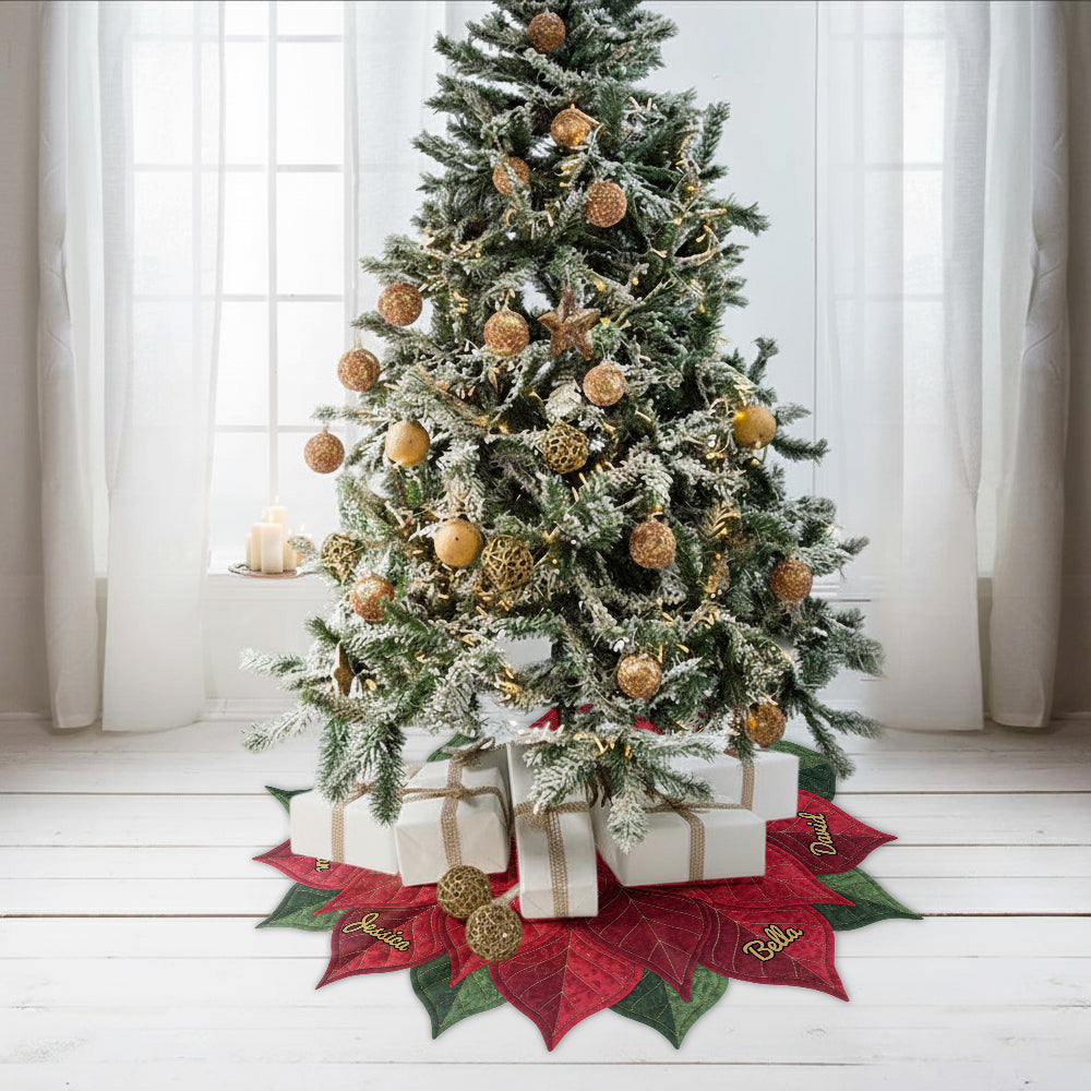 Jupe de sapin personnalisée avec poinsettia et nom pour une grande famille, Joyeux Noël 2025 - Jupe de sapin personnalisée en forme de famille