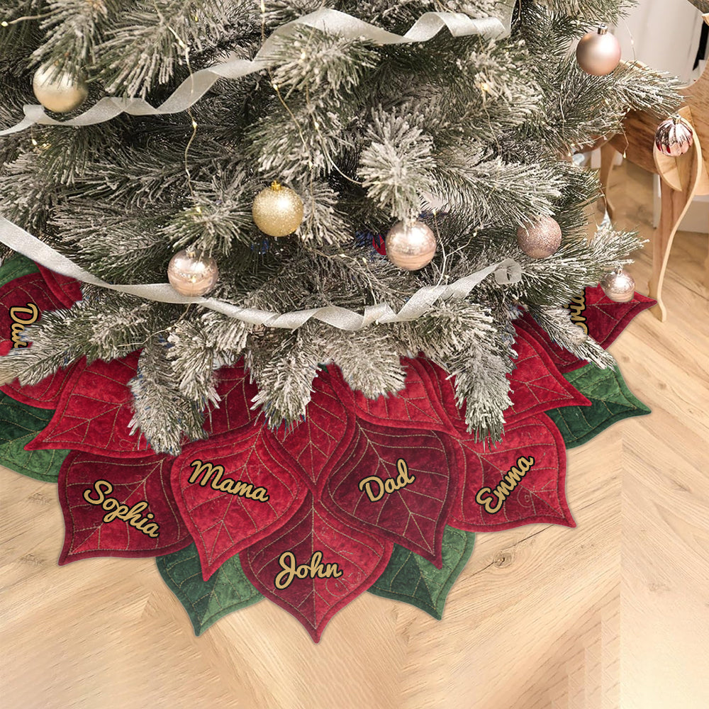 Jupe de sapin personnalisée avec poinsettia et nom pour une grande famille, Joyeux Noël 2025 - Jupe de sapin personnalisée en forme de famille