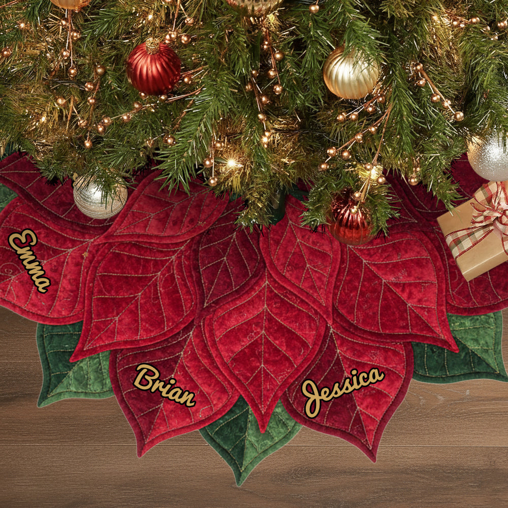 Jupe de sapin personnalisée avec poinsettia et nom pour une grande famille, Joyeux Noël 2025 - Jupe de sapin personnalisée en forme de famille