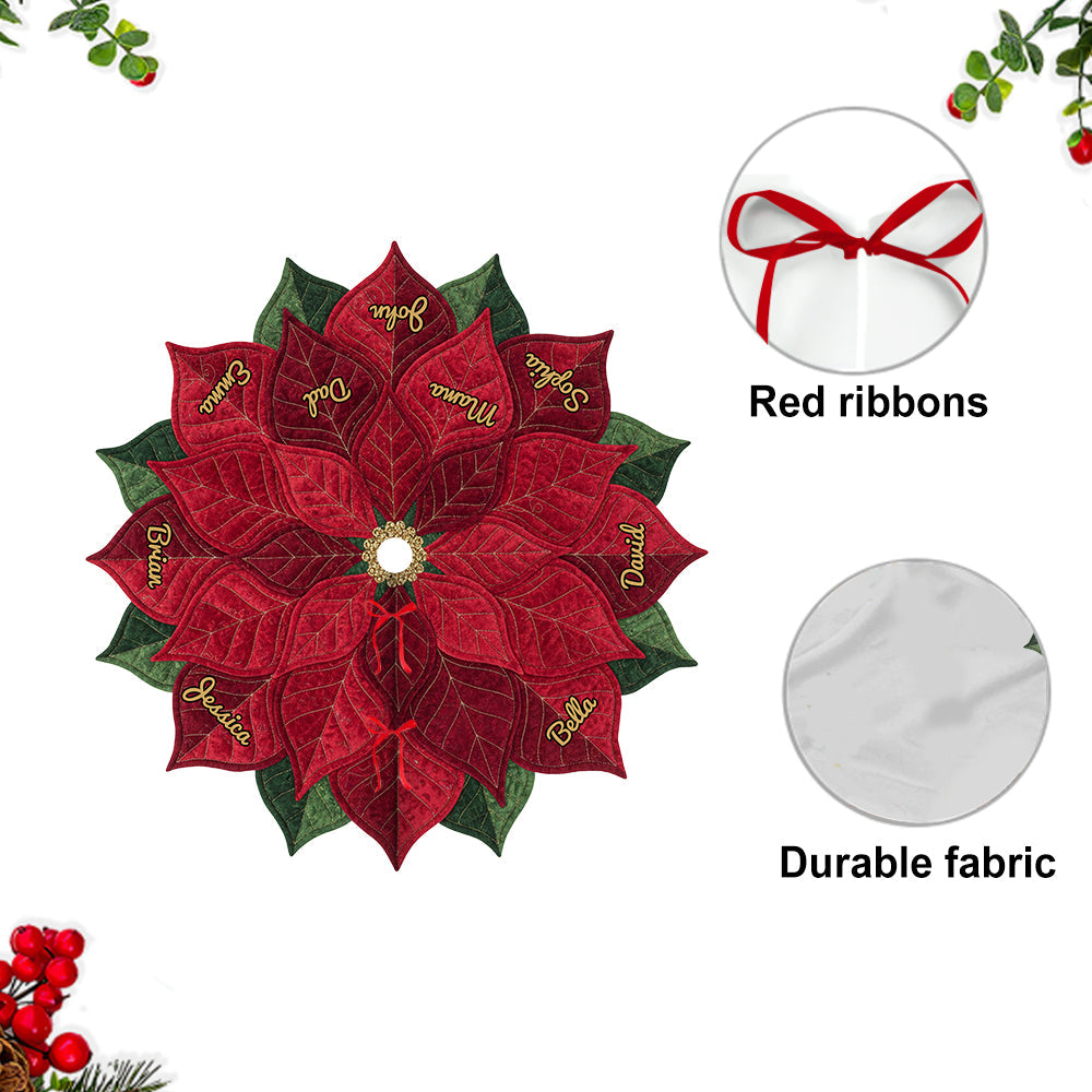 Jupe de sapin personnalisée avec poinsettia et nom pour une grande famille, Joyeux Noël 2025 - Jupe de sapin personnalisée en forme de famille