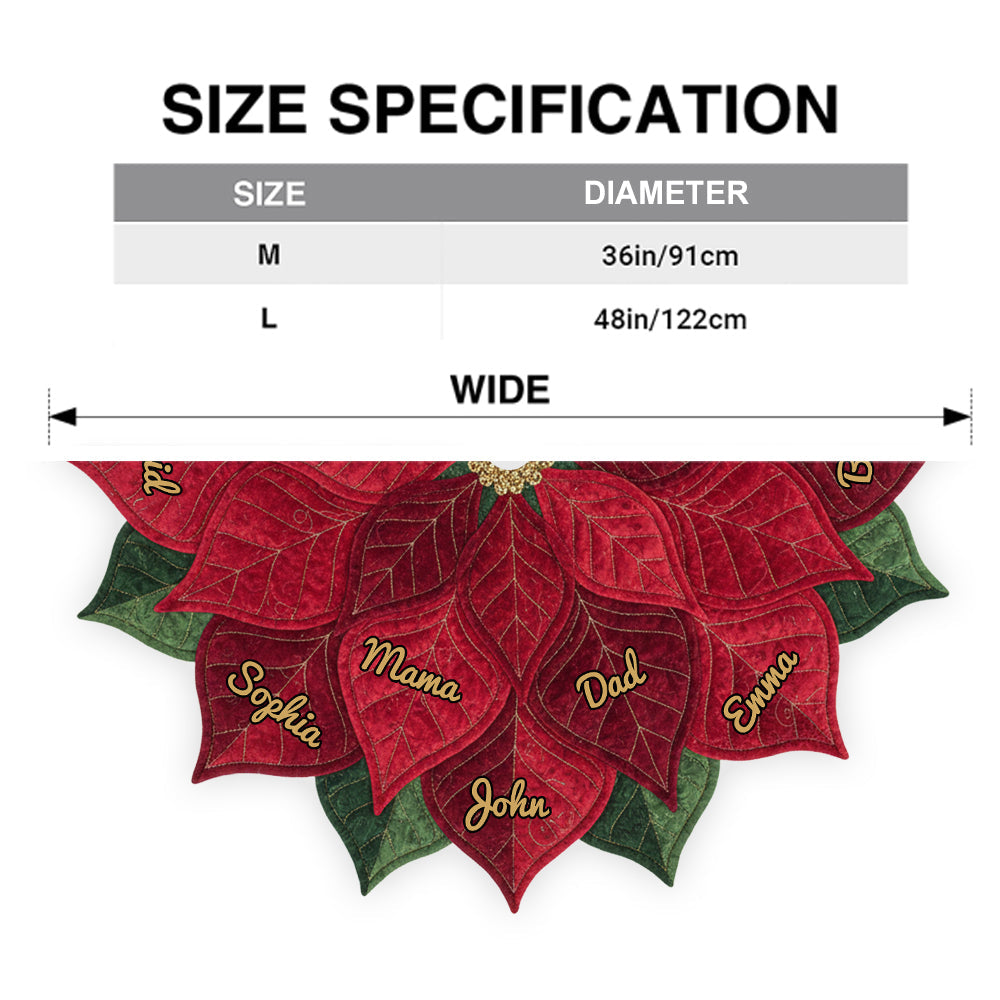 Jupe de sapin personnalisée avec poinsettia et nom pour une grande famille, Joyeux Noël 2025 - Jupe de sapin personnalisée en forme de famille