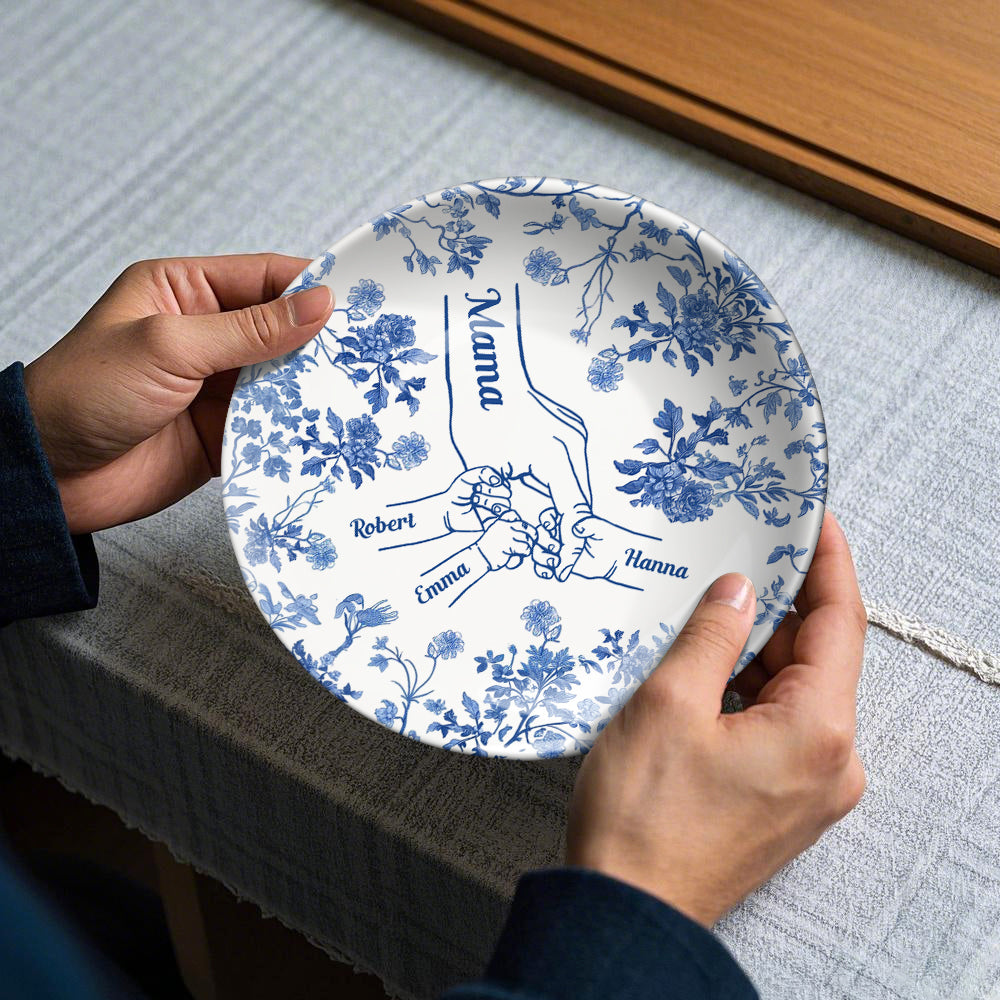 Classic White & Blue Mother Children Hands - Personalized Mother Ceramic Round Plate